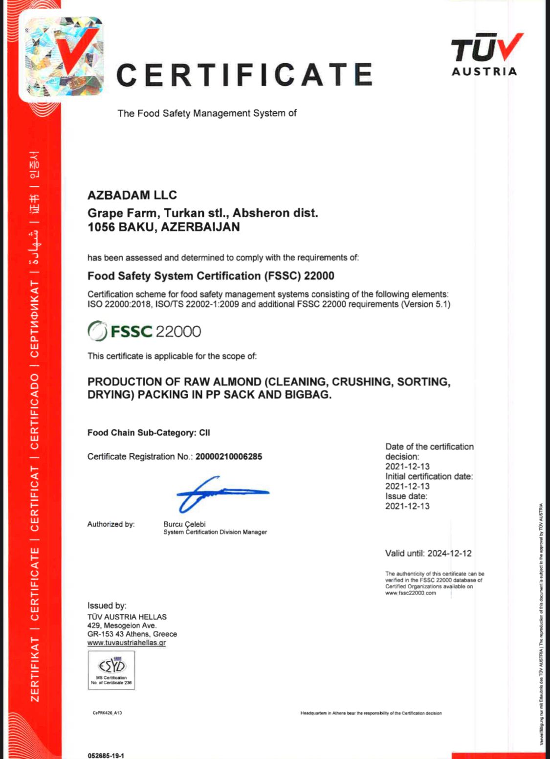 “FSSC 22000” sertifikatı